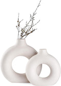 White Ceramic Donut Vase Set of 2, Hollow Matte Pampas Flower Vases for Boho Home Wedding Party Room Dinner Table Shelf Decor.（White）