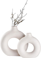 White Ceramic Donut Vase Set of 2, Hollow Matte Pampas Flower Vases for Boho Home Wedding Party Room Dinner Table Shelf Decor.（White）