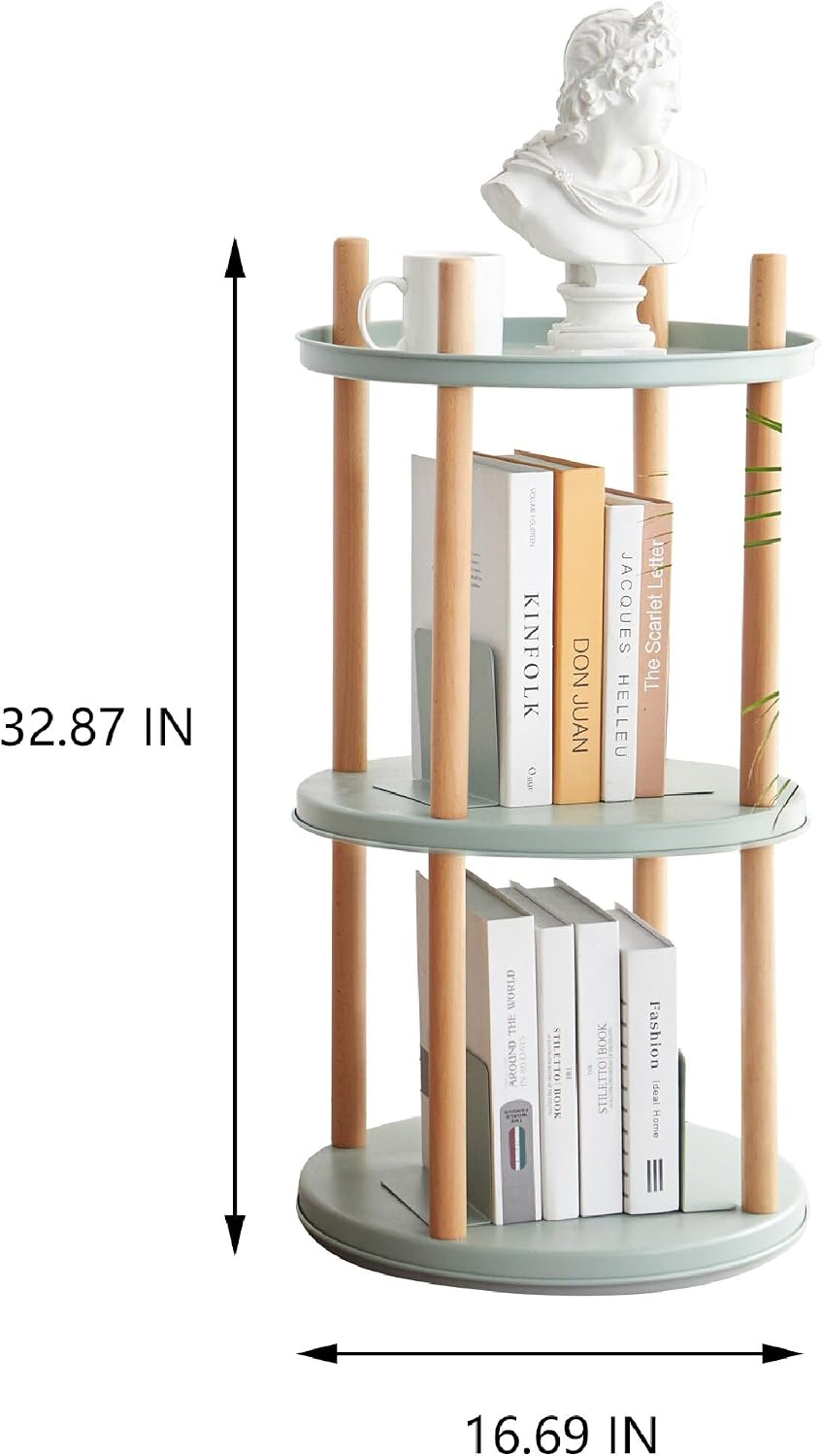 3-Tier Rotating Side Table, Round End Table with Storage Basket & Bookends, Modern Narrow Nightstand for Small Spaces, Living Room, Bedroom, Mint Green & Natural Wood