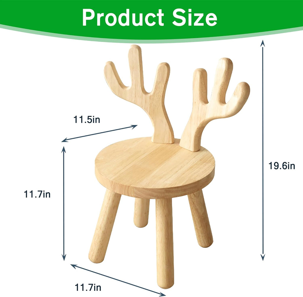 Wooden Toddler Chair, Kids Step Stool & Kids Chair for Table, 1-6 Years Solid Rubber Wood Desk Chair with Deer Antlers Backrest, CPC Certified, Safe & Sturdy for Home Playroom Classroom（1 Pack）