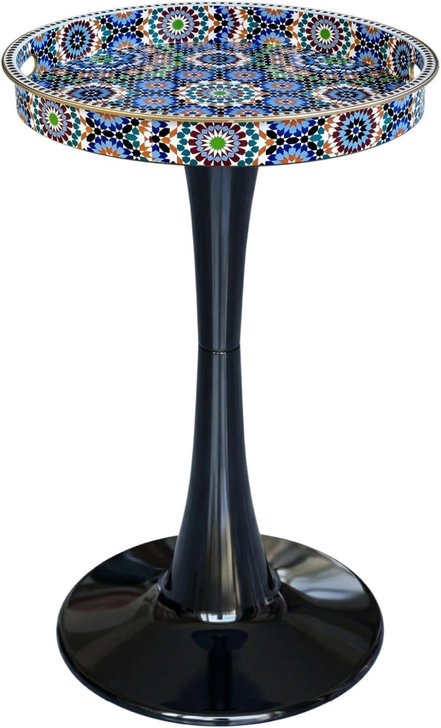Gesodant Boho Chic Round Side Table, 13" Artistic Patterned Small Drink Table with Glossy Tray Top, Stable Hourglass Pedestal Base, Unique Plastic End Table for Living Room, (Moroccan)