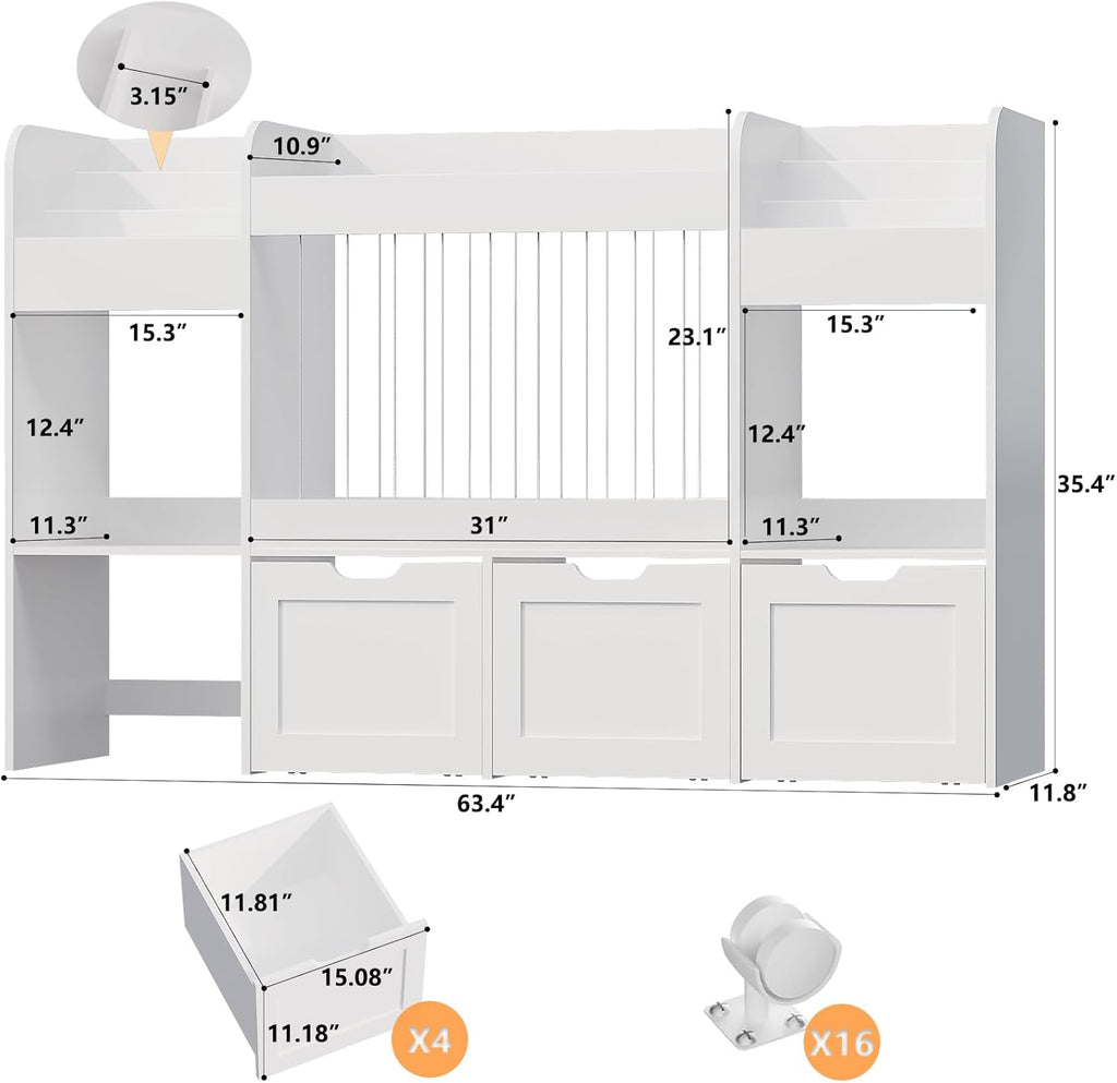 63"W Toy Storage Organizer, 132L Stuffed Animal Holder with 4 Rolling Drawers, 3-Tier Kids Bookshelf and 2 Storage Cubes, 4-in-1 Plush Toy Shelf for Playroom, Toddler Bookcase for Nursery, White