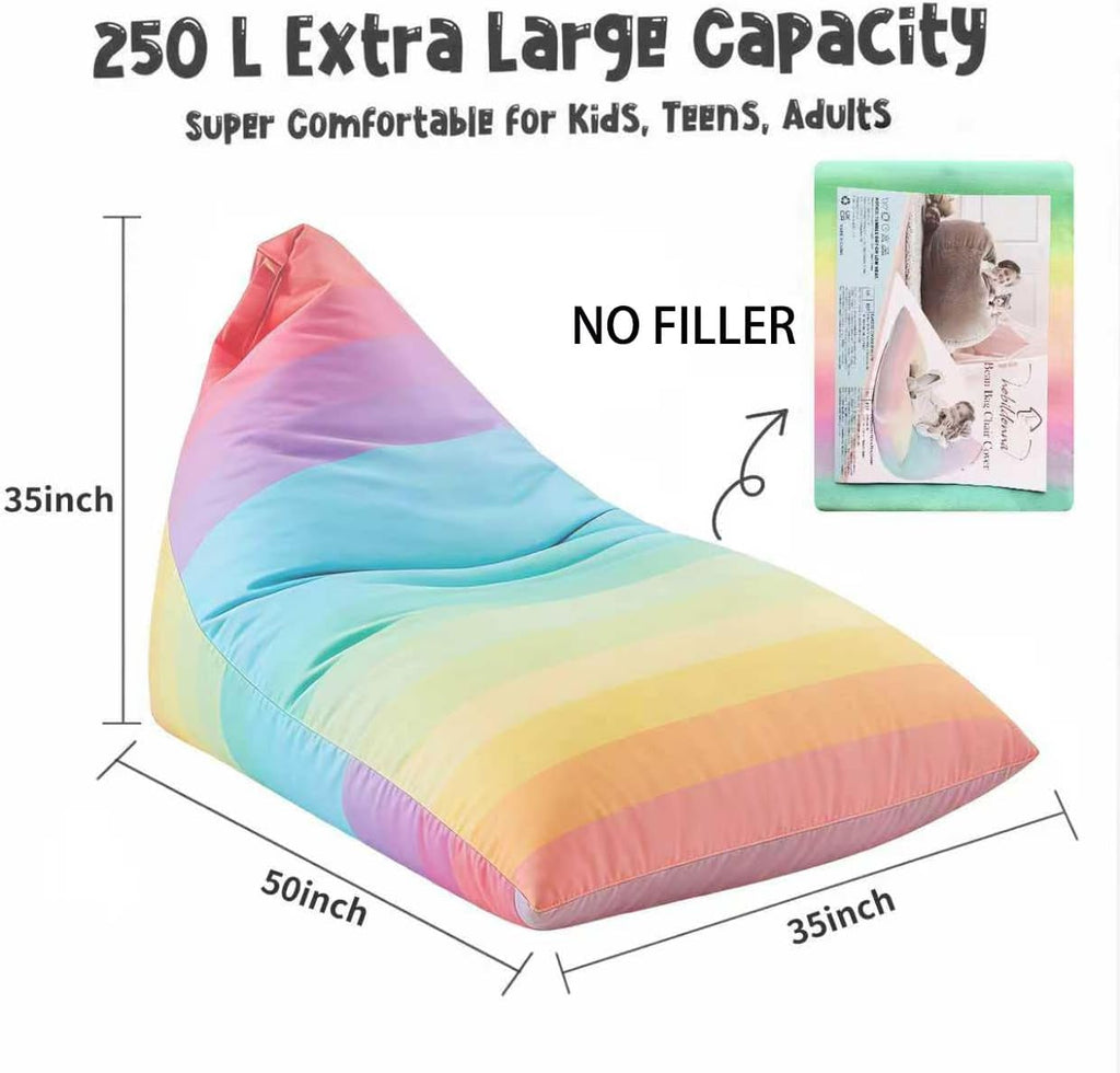 Stuffed Animal Storage Bean Bag Chair Cover for Kids Teens (No Filler) 250L Washable Large Beanbag Cover for Kids Room Organizing Plush Toys or Home Living Room Textile,Rainbow