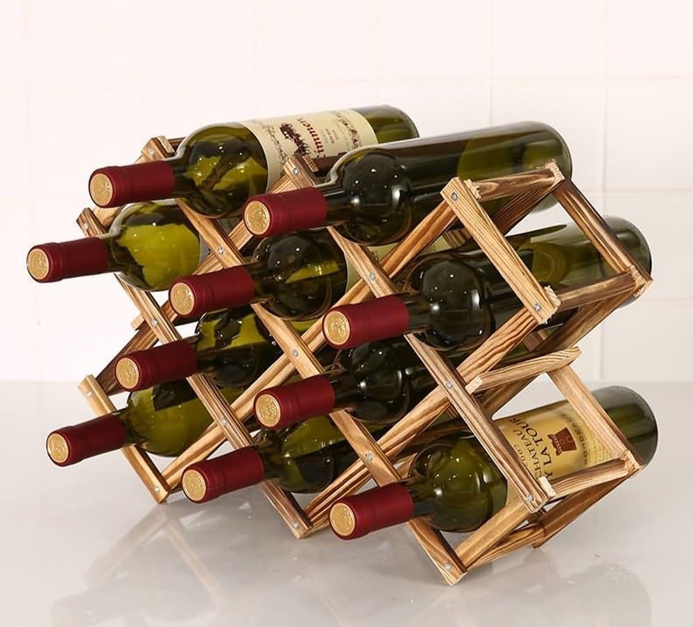 Foldable Wooden Wine Rack, 10-Bottle Expandable Countertop Wine Holder with 8 Individual Slots and Top Storage, Carbonized Pine, No Assembly Required