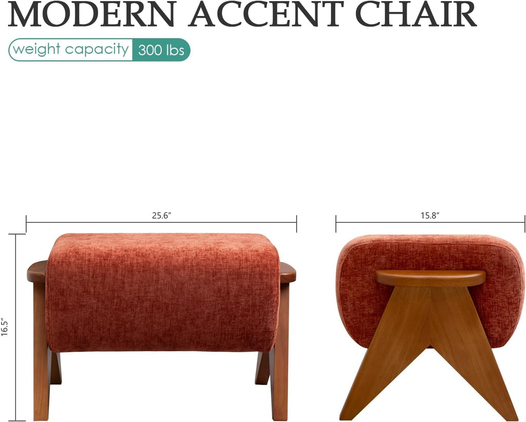 Linen Padded footstools Mid Century Modern Ottoman with Wood Frame, Lounge Upholstered Ottoman, Reading Chair, Sturdy Base, Suitable for Resting Your feet on a Lounge Chair Orange