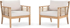 JIVOIT Acacia Wood Club Chairs Set of 2, Outdoor Patio Club Chairs with Hand-Woven Twist Rope, Cushions and Pillows, Adjustable Foot Pads, 400lbs Weight Support, Ideal for Backyard, Poolside