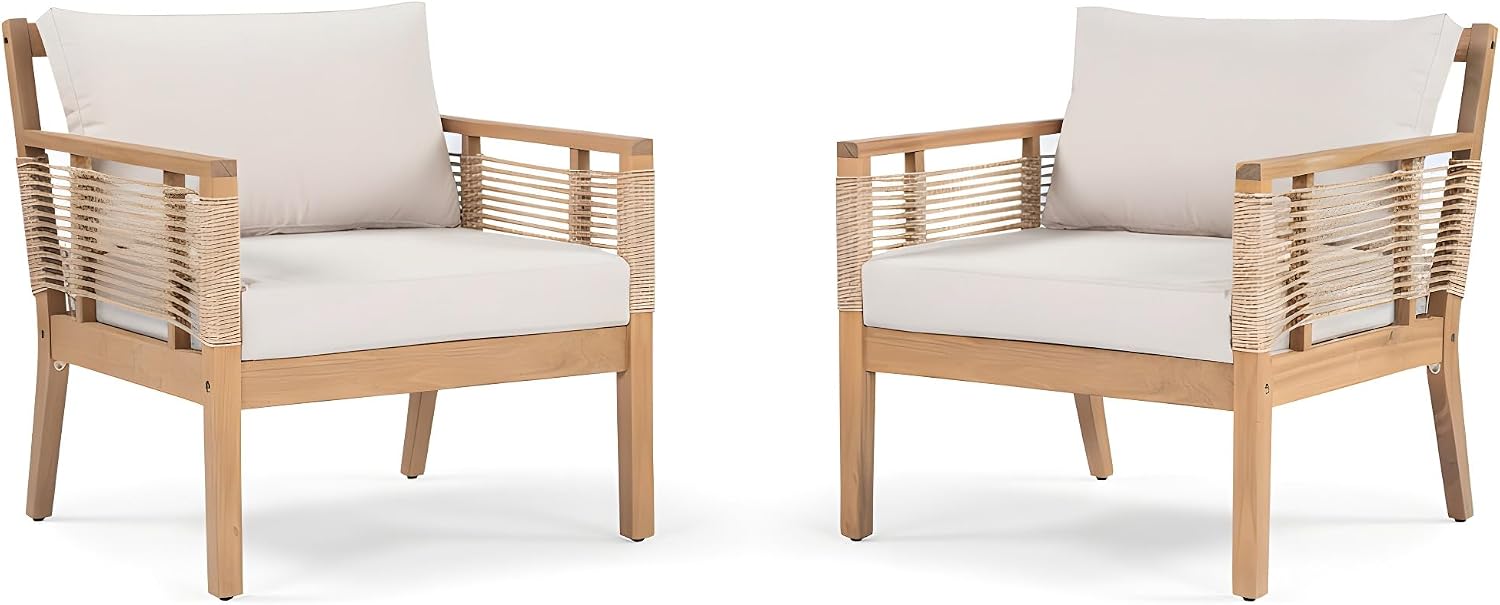 JIVOIT Acacia Wood Club Chairs Set of 2, Outdoor Patio Club Chairs with Hand-Woven Twist Rope, Cushions and Pillows, Adjustable Foot Pads, 400lbs Weight Support, Ideal for Backyard, Poolside