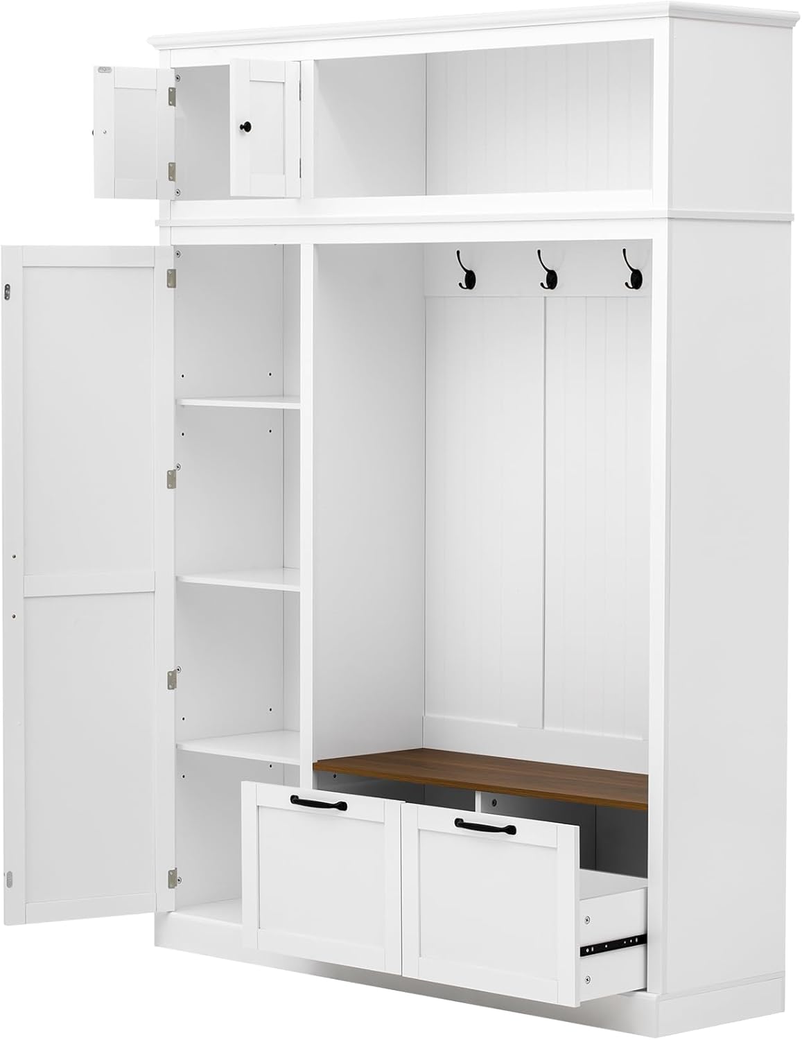 VilroCaz Versatile Wide Hall Tree with Storage Cabinet, Adjustable Side Shelves, Doors and 4 Hooks, Brown Wood Grain Shoe Bench with 2 Drawers, Entryway Coat Rack for Living Room Hallway (White-3.19)