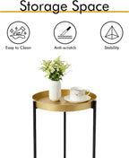 DDK 16" Round Side Table, Removable Gold Tray Top Metal End Table, Modern Small Nightstand Accent Table for Living Room Bedroom Nursery Bathroom Small Spaces