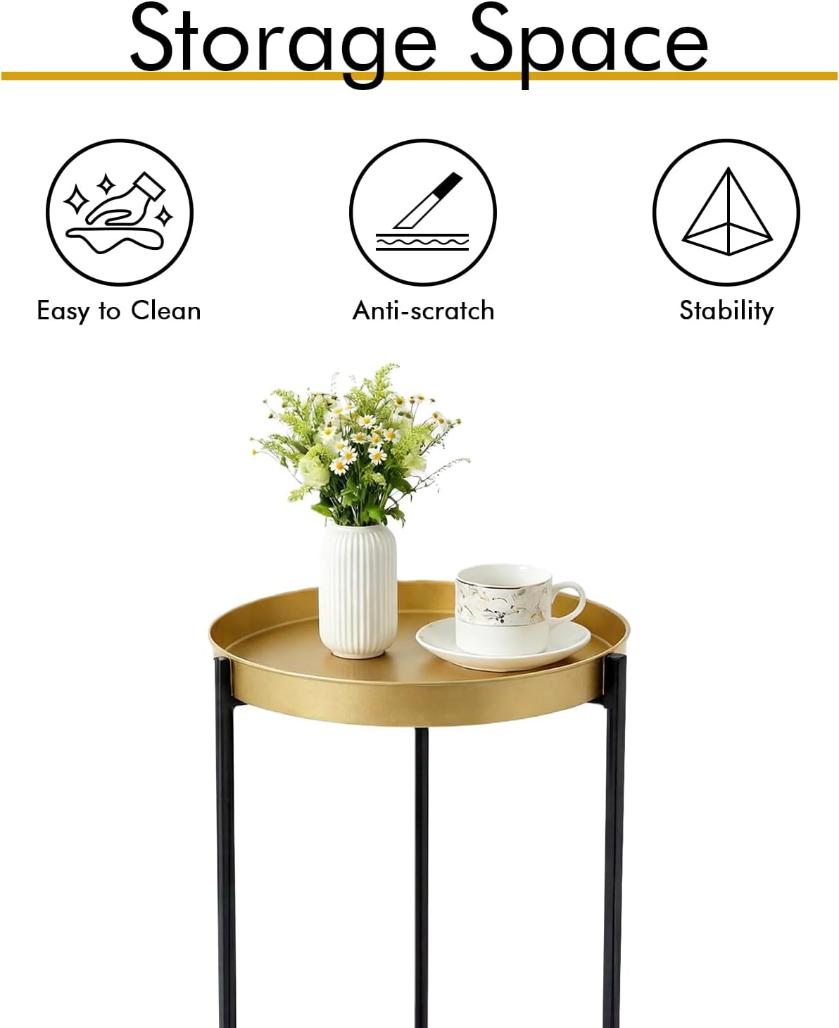 DDK 16" Round Side Table, Removable Gold Tray Top Metal End Table, Modern Small Nightstand Accent Table for Living Room Bedroom Nursery Bathroom Small Spaces