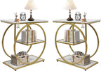 AT-VALY Pair of 2 Side Table with Storage Shelves,3-Tier End Table, Small Sofa Side Table for Living Room, Bedroom (Gold)