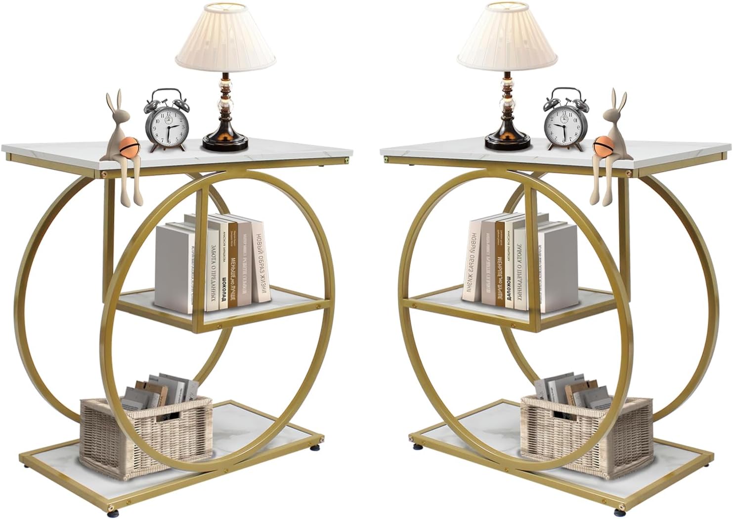 AT-VALY Pair of 2 Side Table with Storage Shelves,3-Tier End Table, Small Sofa Side Table for Living Room, Bedroom (Gold)