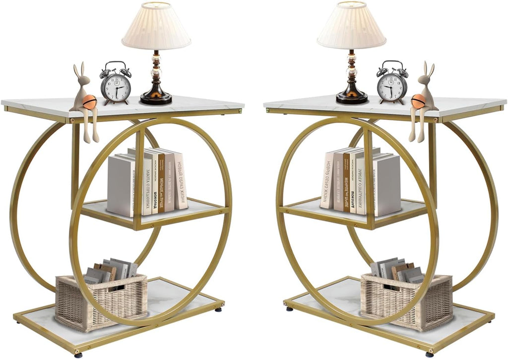 AT-VALY 3-Tier End Table, Side Table with Storage Shelves, Small Sofa Side Table for Living Room, Bedroom (Gold)