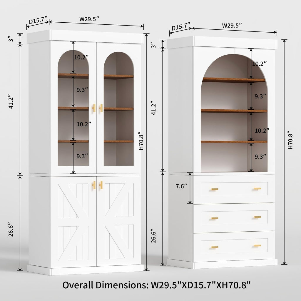 Farmhouse Kitchen Pantry Cabinet Set of 3, 71-Inch Tall Wood Hutch with Glass Doors, Adjustable Shelves & Large Storage, Versatile Cabinet for Dining Room, Living Room, White