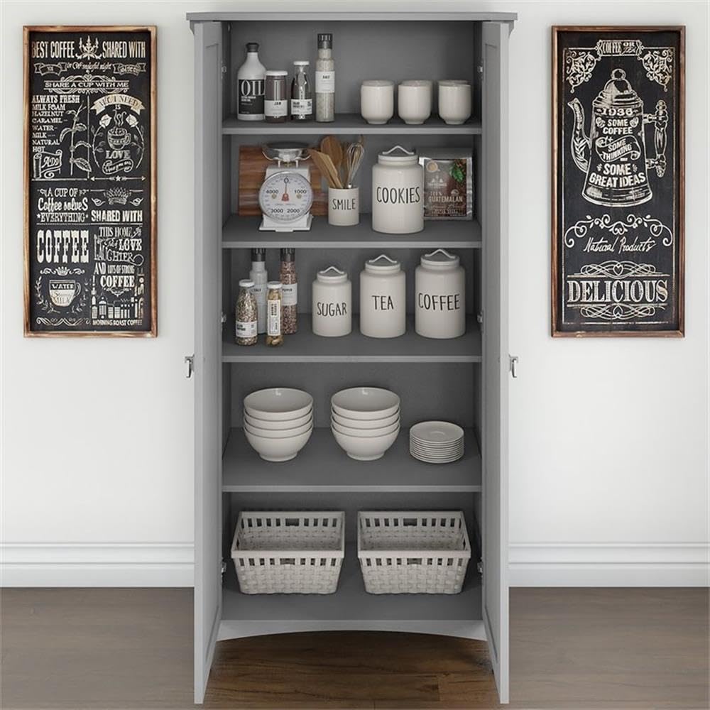 BOWERY HILL Wood Kitchen Pantry Cabinet with Doors, Cape Cod Gray Finish, 62.95" H x 31.5" W x 15.75" D, 5 Shelves, Adjustable Storage for Dining Room, Home Office or Entryway
