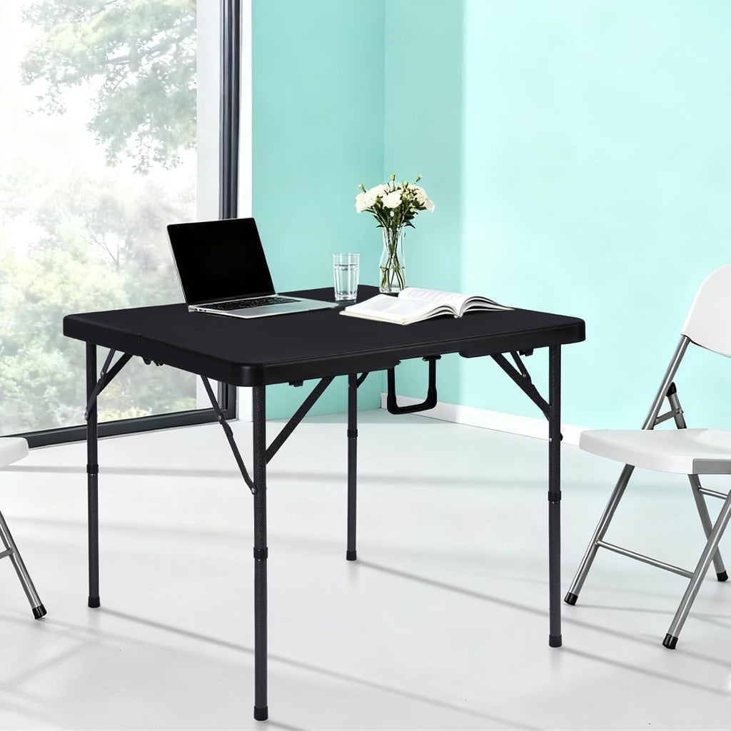 pollilar 34" Folding Card Table Square Foldable Table Plastic Portable with Detachable Legs, Dual Height Adjustable, Heavy-Duty Indoor Outdoor Dining, Game, Picnic, Mahjong Tables-Black
