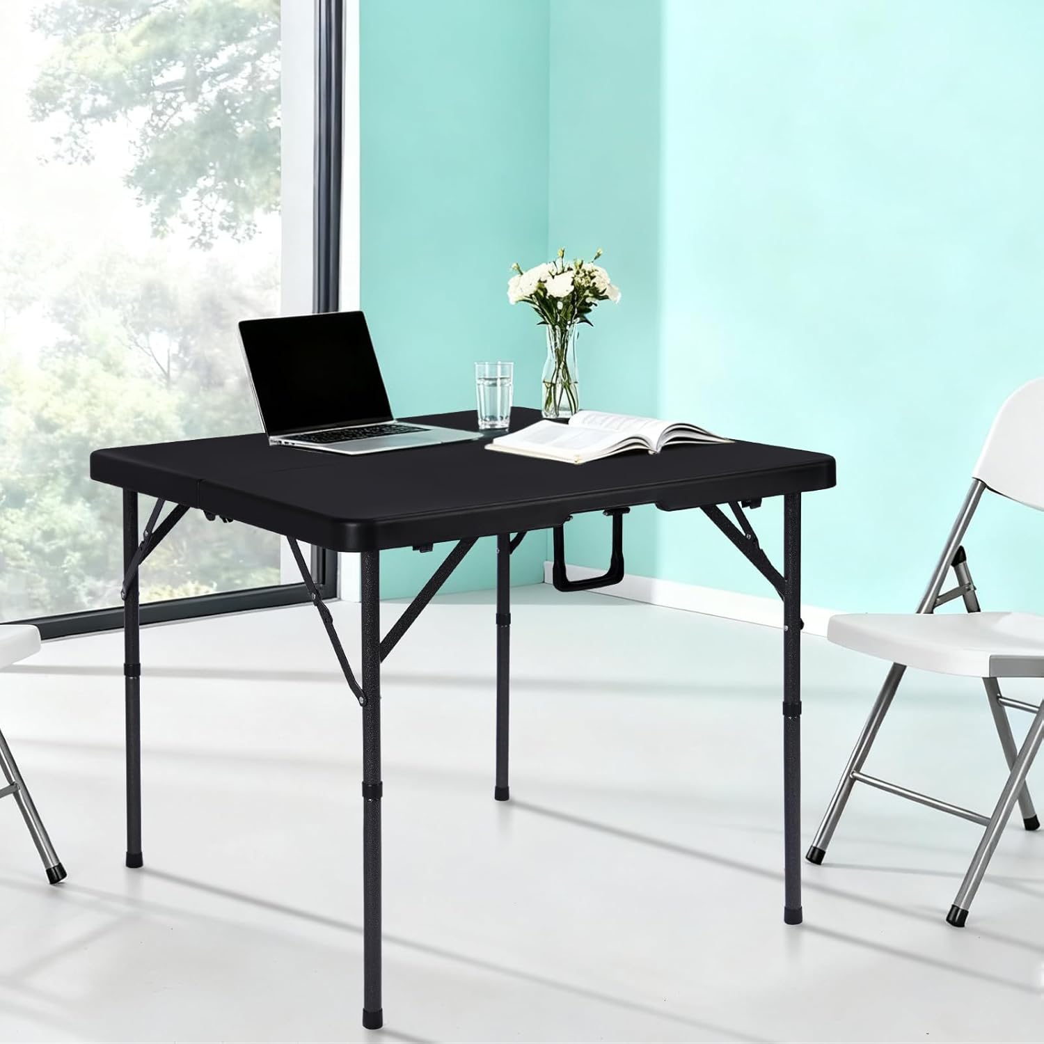 pollilar 34" Folding Card Table Square Foldable Table Plastic Portable with Detachable Legs, Dual Height Adjustable, Heavy-Duty Indoor Outdoor Dining, Game, Picnic, Mahjong Tables-Black