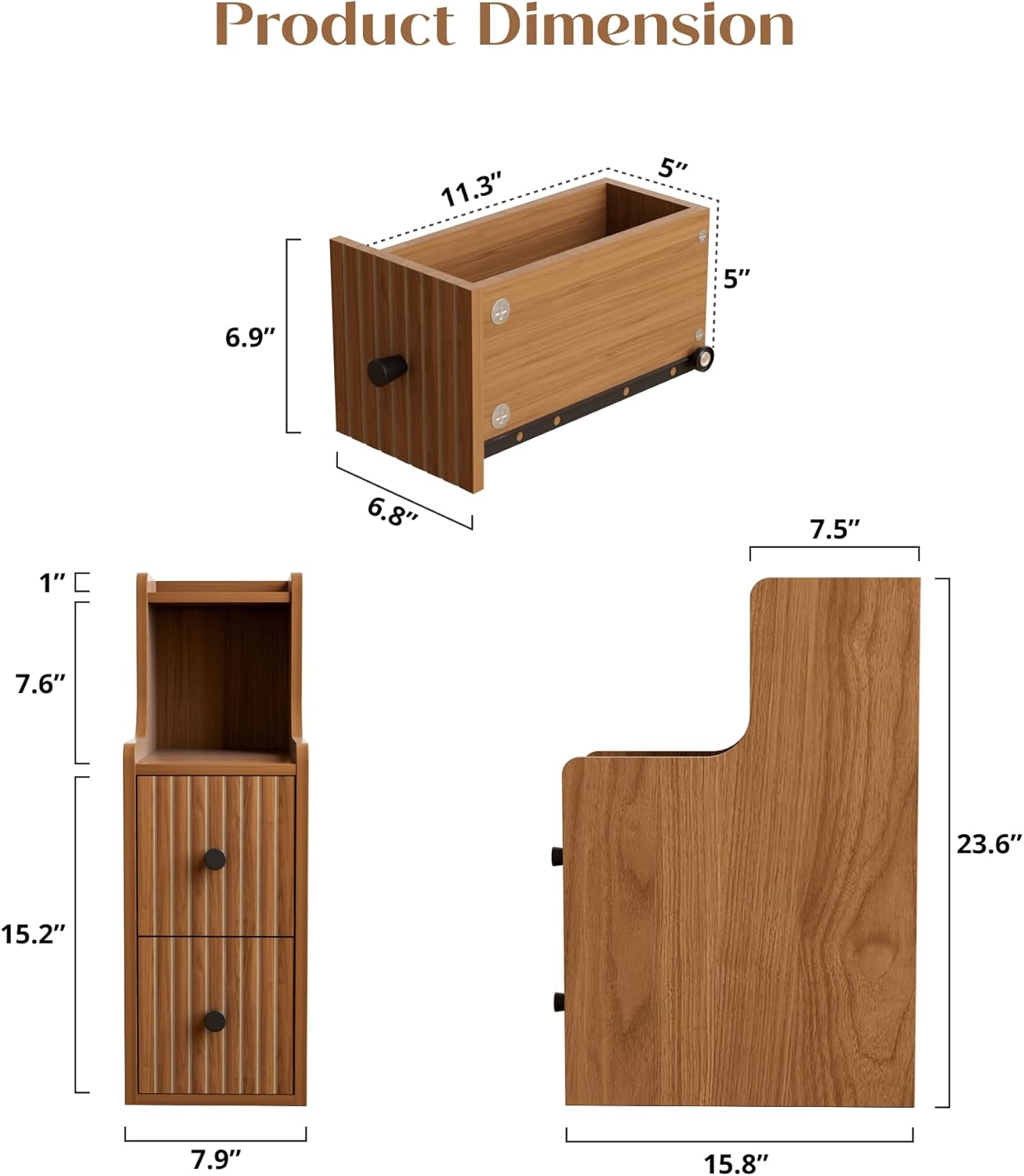 Narrow End Table Set of 2, Fluted Wooden Slim Side Table with 2 Drawers, Mid Century Modern Night Stand for Living Room, Bedroom, Walnut（No Charging Station）