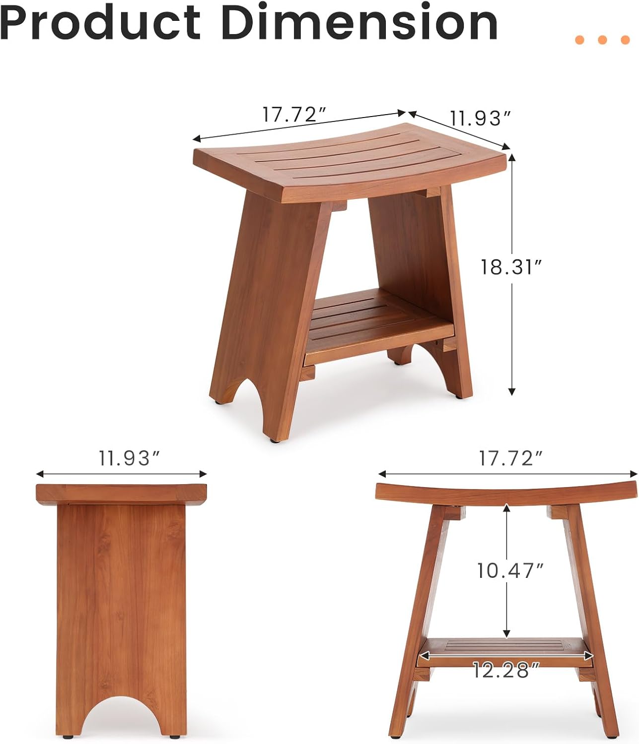 EROMMY Teak Shower Bench with Storage Shelf, 18.3" H Solid Wood Shower Stool, Water Resistant Bathroom Bench, Shower Seat and Shaving Foot Rest for Indoor & Outdoor Use