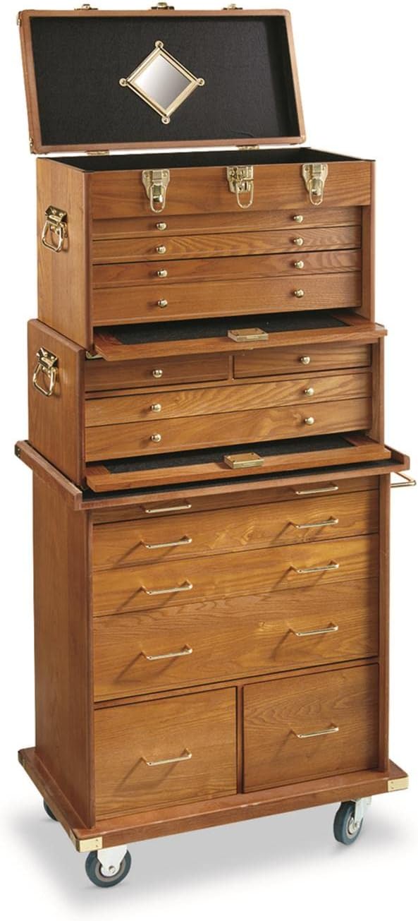 CASTLECREEK 4-Drawer Collector's Chest, Wooden Desk Storage Box Organizer Lockable Compartments Oak