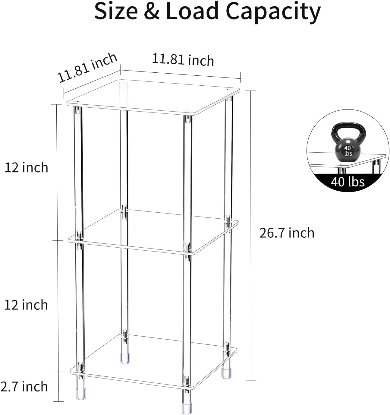 Clear Acrylic Side Table, 11.81" L x 11.81" W x 26.7" H, 3-Tier Square Corner Shelf End Table for Living Room, Small Modern Bedside Tables Nightstand for Bedroom, Home Decor Accent Table 13-01