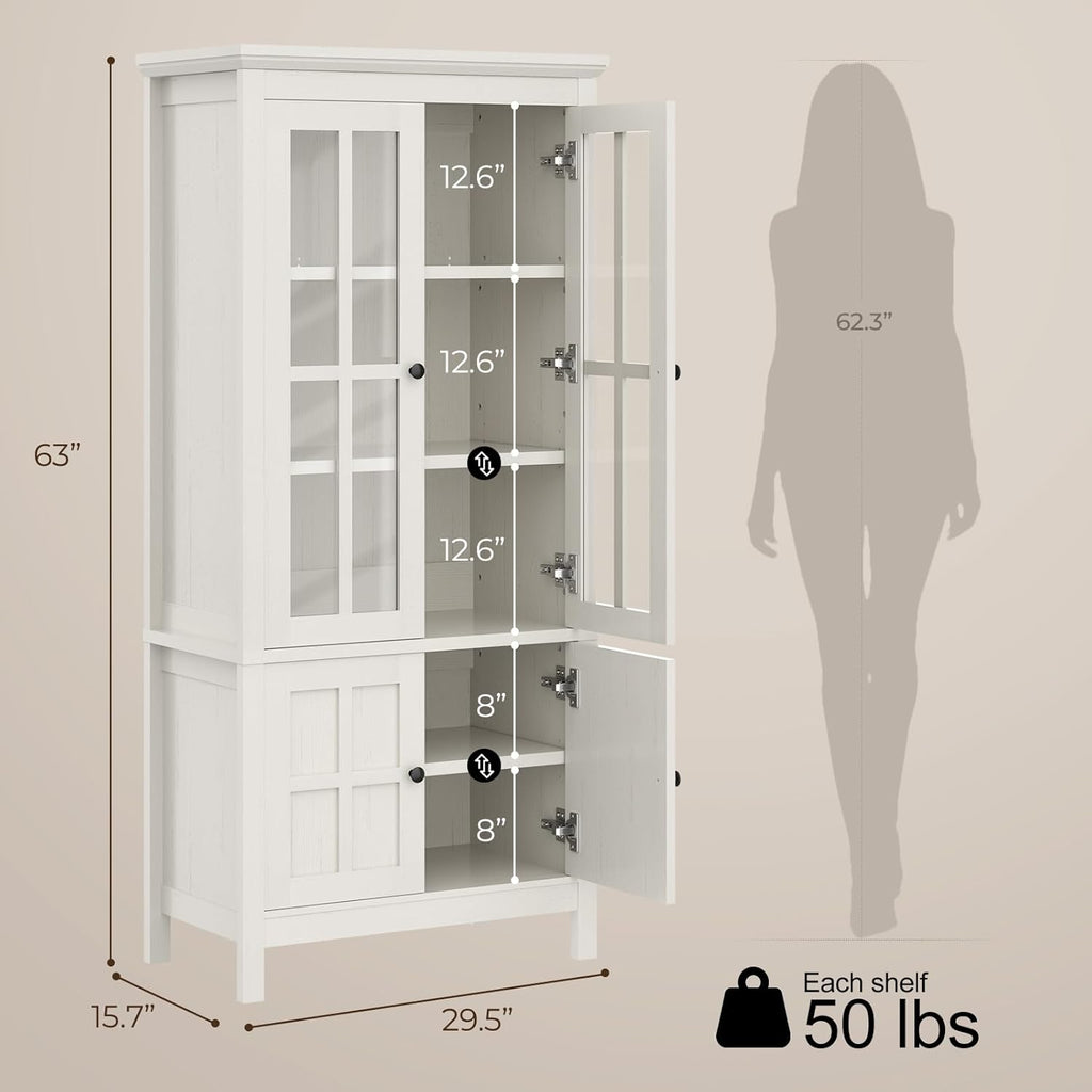 63" Kitchen Pantry Cabinet with Glass Doors & Hidden Storage, Farmhouse Display Kitchen Hutch Cupboard with Adjustable Shelves for Dining Room, Living Room Home Office, Rustic White
