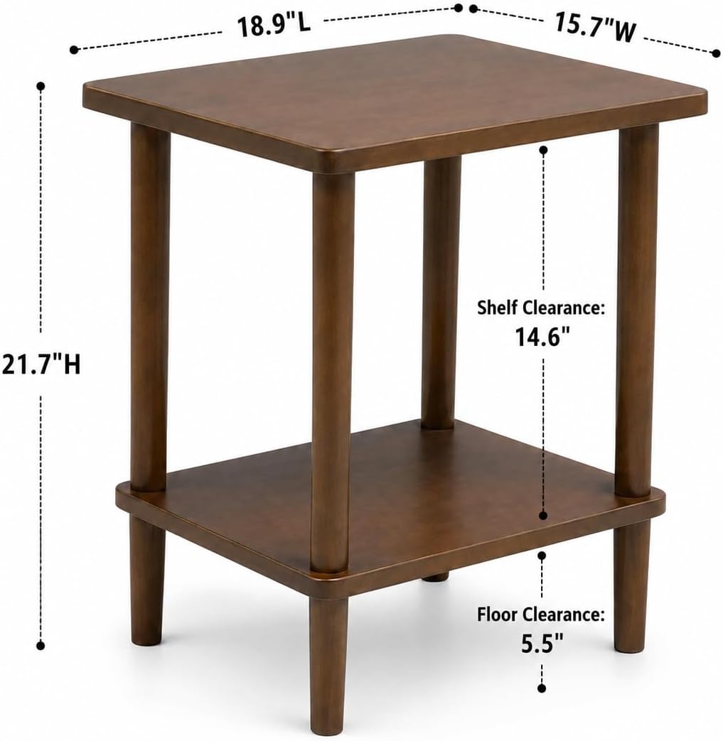 Solid Wood End Table, 2-Tier Side Table with Storage Shelf, Rubber Wood Nightstand for Living Room and Bedroom, Walnut Brown