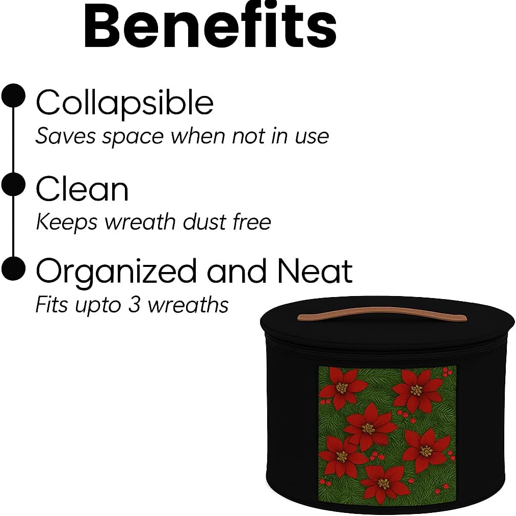 Christmas Wreath Storage Bag,Collapsible Felt Holiday Garland Container with Zipper & Handle, Durable Wreath Organizer Bin for Seasonal Decor Storage 20 x 12 (Black, 12 x 20)