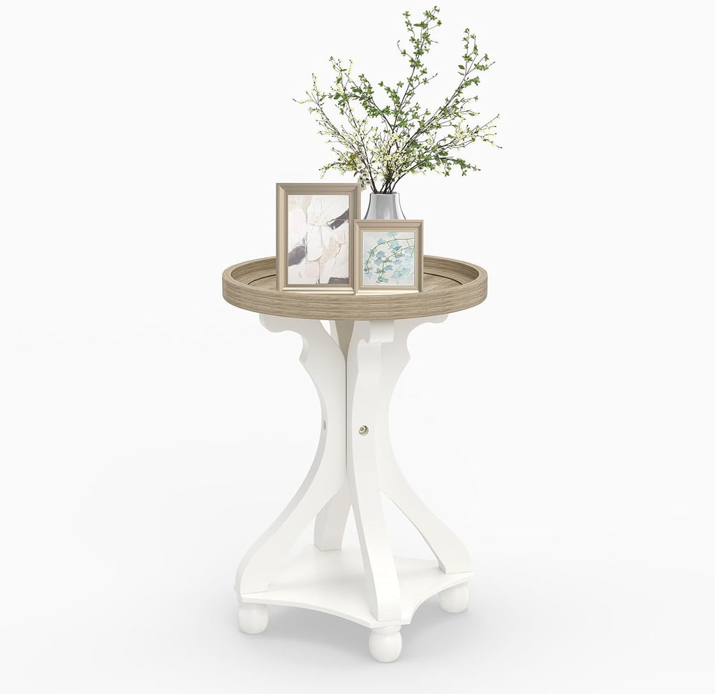 Accent Wood Farmhouse End Table, Round Side Tables, Nightstand Natural Tray Top and Distressed Carved Legs for Bedroom Living Room, White