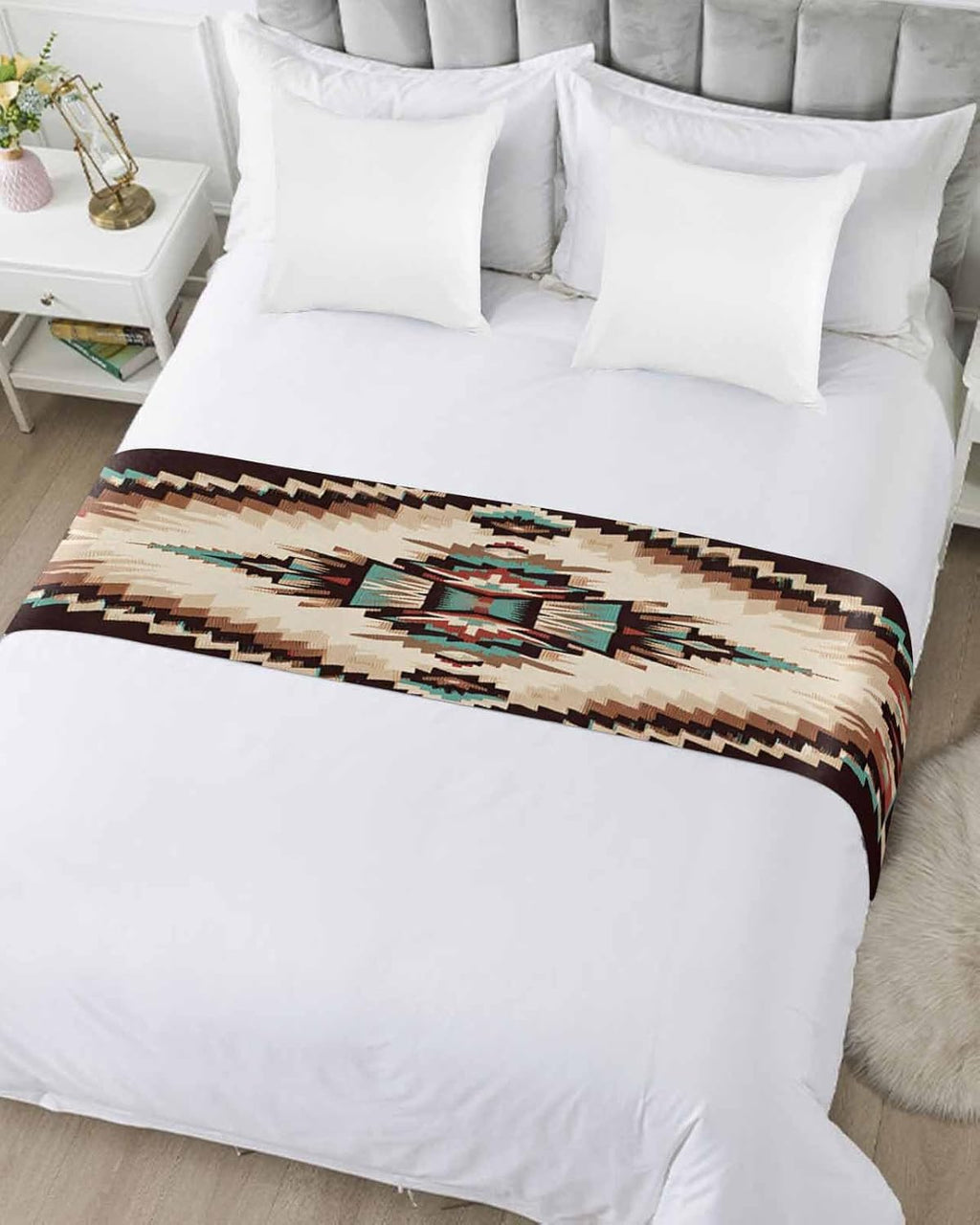 Abstract Aztec Bed Runner Scarf King Size,Southwest Geometric Retro Native American Luxury Bed Throw Runners & Scarves for Twin Full Queen King Foot of Bed Bedroom Hotel Wedding Decoration,94"x20"