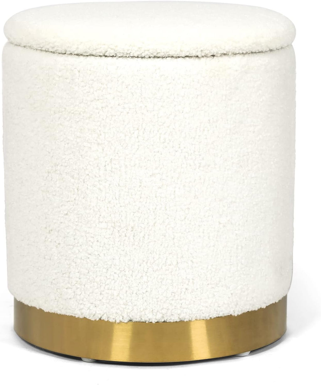Joveco Boucle Round Ottoman with Storage,Vanity Stool with Storage for Bedroom, Ottoman Coffee Table,Small Boucle Foot Stool for Living Room, White with Gold Plating Base