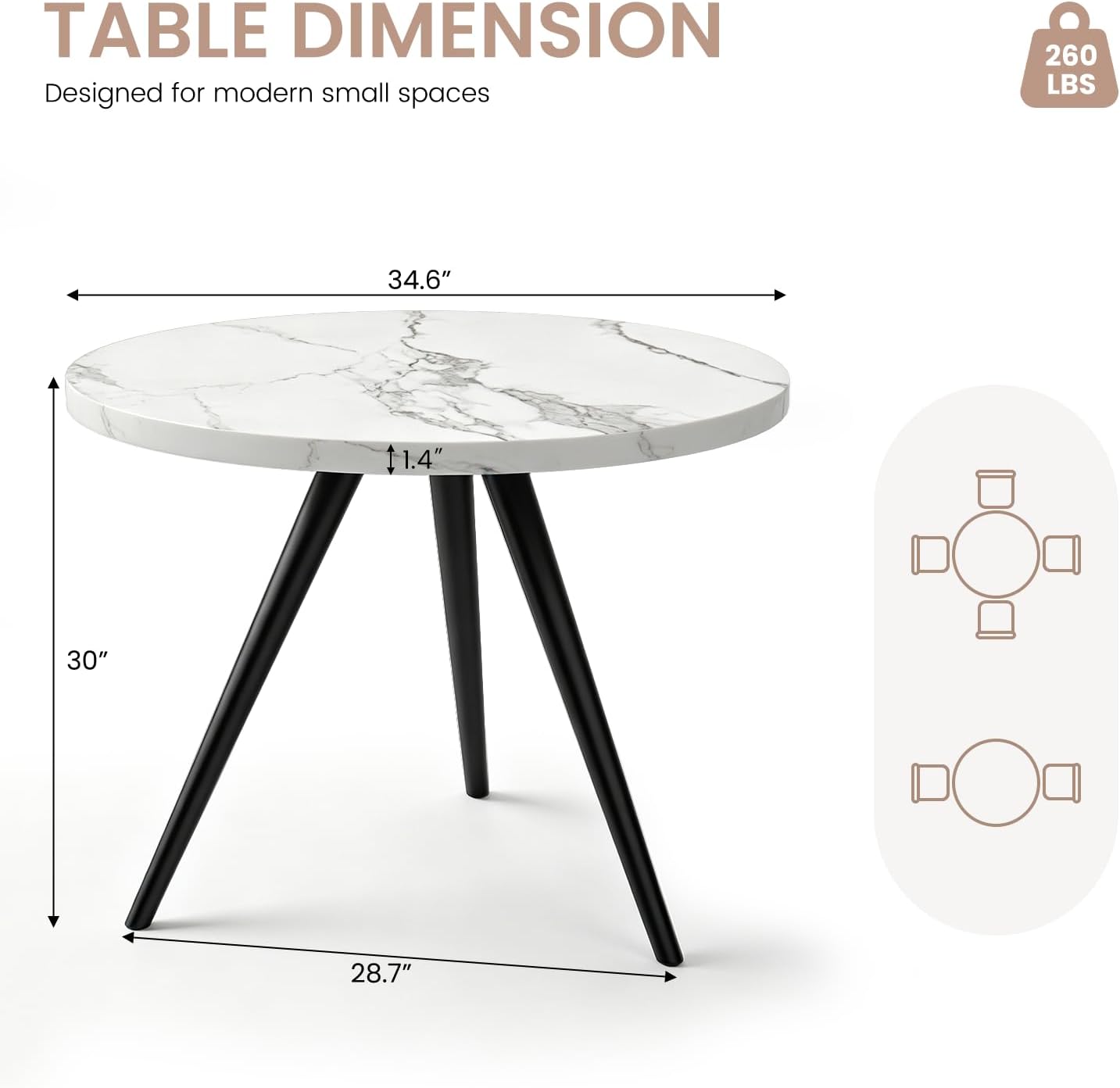 34.6" Round Dining Table for 4 People, Modern Kitchen Coffee Table White | Space-saving MDF Top, Tapered Legs & Thickened Edge, Sturdy & Seamless, Small Table Great for Dining Room, Office, Apartment