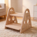 QZM Wooden Step Stool, trilateral Two Step Stools for Toddler 300 lbs Capacity with Safety Non-Slip Pads and Handles for Bathroom, Kitchen Dual Height for Kids, Natural