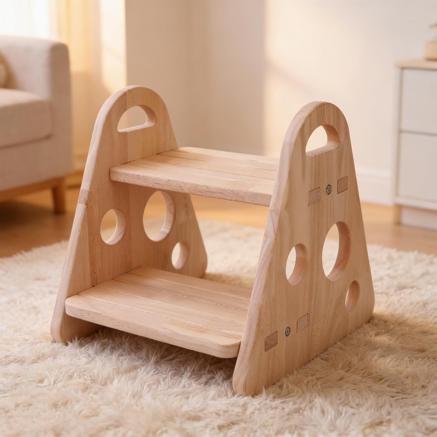 QZM Wooden Step Stool, trilateral Two Step Stools for Toddler 300 lbs Capacity with Safety Non-Slip Pads and Handles for Bathroom, Kitchen Dual Height for Kids, Natural