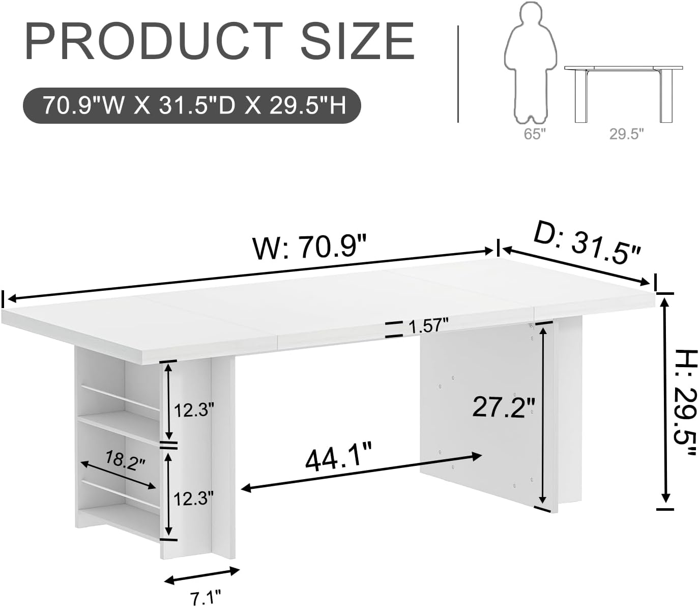 FOLUBAN 70" White Computer Desk, Large Executive Desk for Home Office, Modern Wood Conference Table Workstation with Side Storage Shelves, Long Study Writing Gaming Table for 2 Person