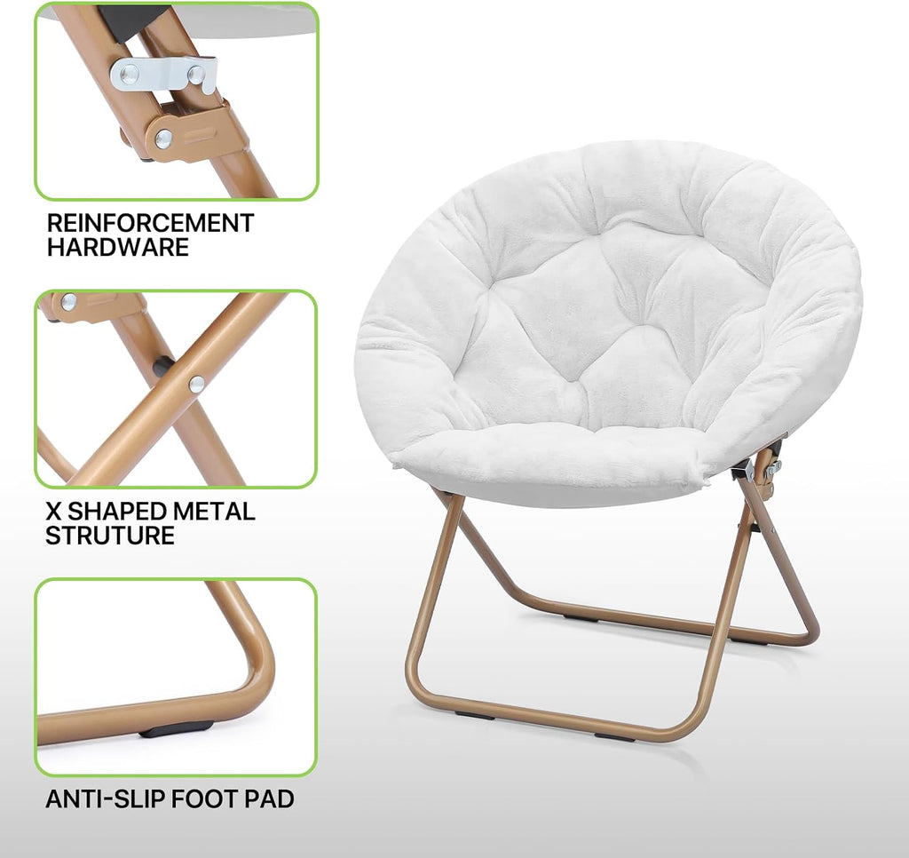 Magshion Folding Saucer Chair for Adults with Ottoman, Circle Reading Chair for Bedroom, Living Room & Dorm, Furry Comfy Accent Seat with Metal Leg & Thick Padded for Small Spaces (White, 1 Pack)