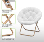 Magshion Folding Saucer Chair for Adults with Ottoman, Circle Reading Chair for Bedroom, Living Room & Dorm, Furry Comfy Accent Seat with Metal Leg & Thick Padded for Small Spaces (White, 1 Pack)