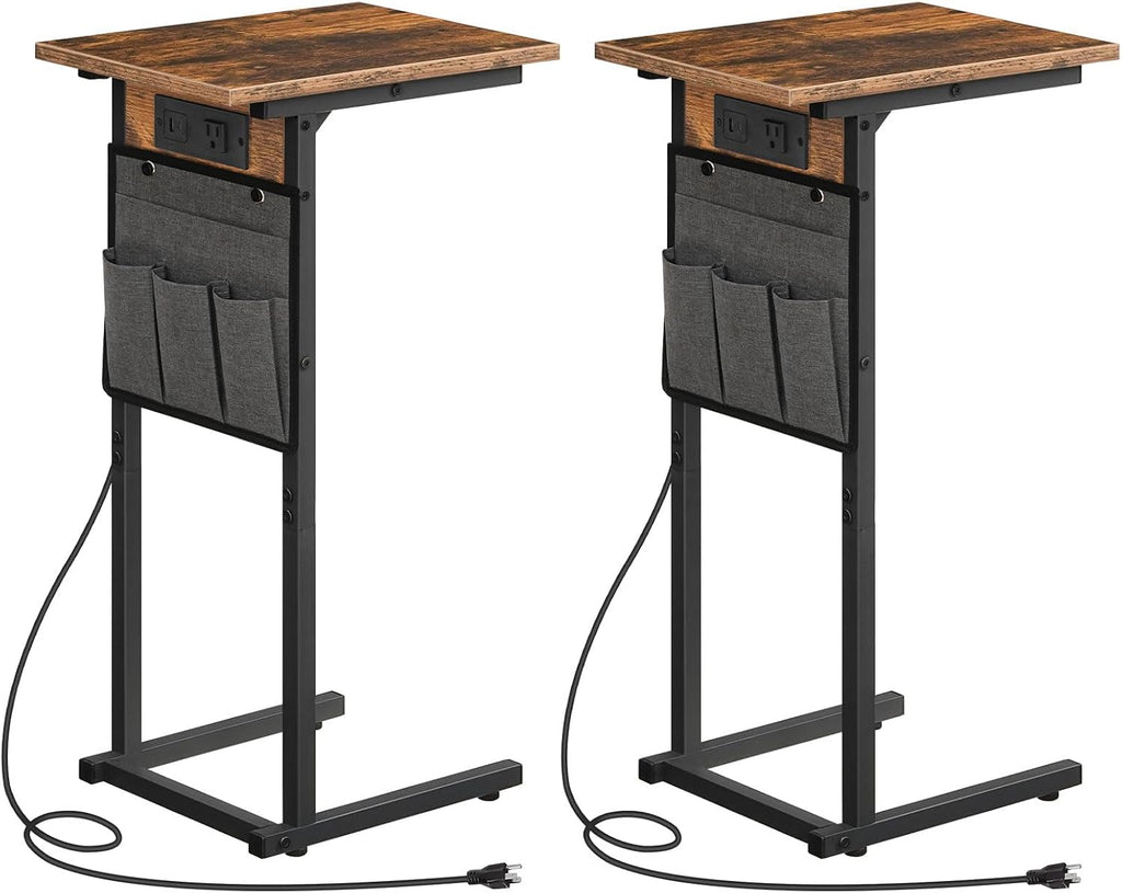 HOOBRO C Shaped Side Tables with Charging Station, Set of 2, Slide Under Couch Tables, 27.8" Tall Side Tables for Sofa Arm with Fabric Storage Pocket, for Living Room, Rustic Brown BF73USFP201