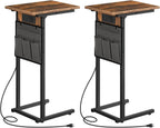 HOOBRO C Shaped Side Tables with Charging Station, Set of 2, Slide Under Couch Tables, 27.8" Tall Side Tables for Sofa Arm with Fabric Storage Pocket, for Living Room, Rustic Brown BF73USFP201