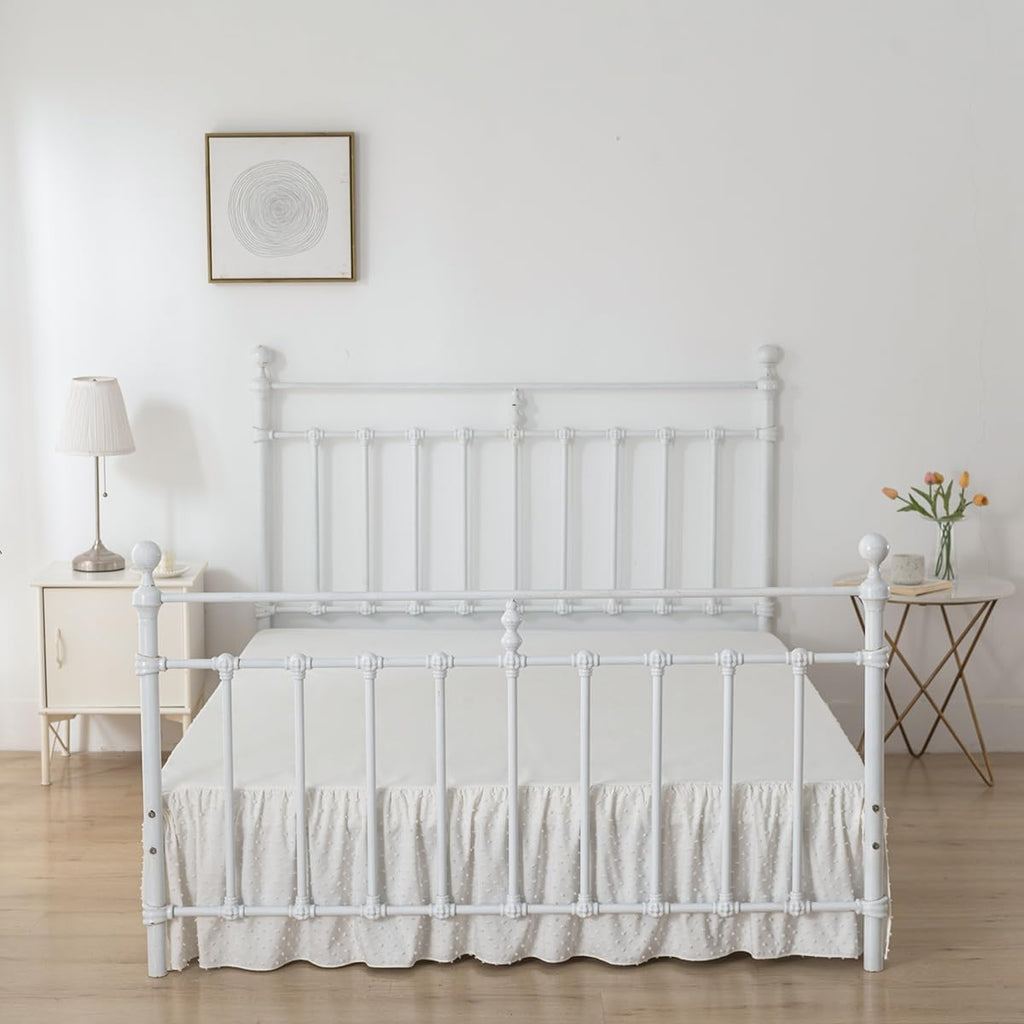 Tufted Dot Bed Skirt Queen Size Ruffled Bed Skirt with Split Corners, 14 Inch Drop Dust Ruffle Bed Skirts with Platform, Ivory