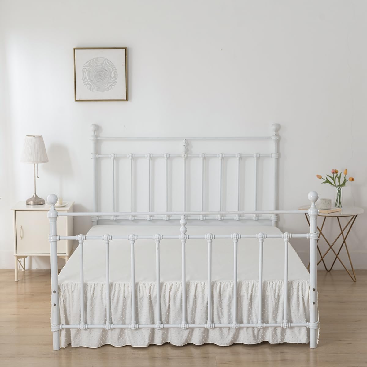 Tufted Dot Bed Skirt Queen Size Ruffled Bed Skirt with Split Corners, 14 Inch Drop Dust Ruffle Bed Skirts with Platform, Ivory