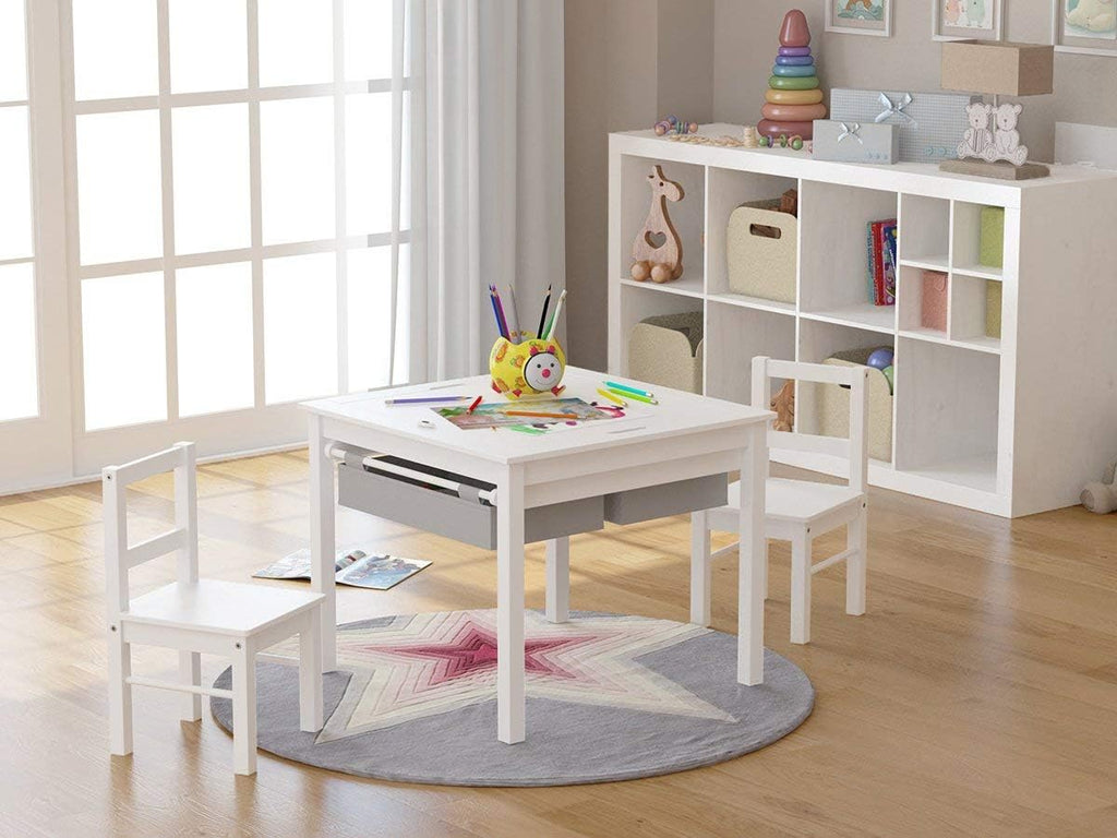 UTEX Wooden 2 in 1 Kids Construction Activity Table and 2 Chairs Set with Storage Drawers, and Built in Plate Compatible with Lego and Duplo Bricks (White with Grey Drawers)