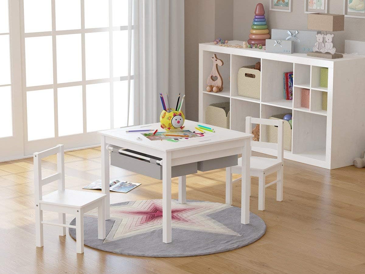 UTEX Wooden 2 in 1 Kids Construction Activity Table and 2 Chairs Set with Storage Drawers, and Built in Plate Compatible with Lego and Duplo Bricks (White with Grey Drawers)