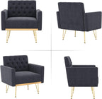 Olela Accent Chair with Arm for Living Room, Velvet Modern Armchair Single Sofa Cozy Tufted Upholstered Reading Side Chairs with Gold Metal Leg for Bedroom Decorate, Black