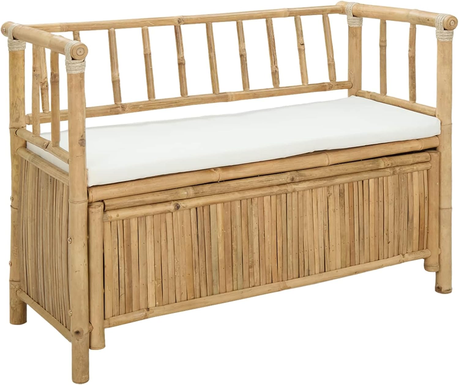 Bamboo Garden Storage Bench 110 x 47 x 80 cm, Outdoor Seating with Hidden Compartment, Post Leg Design for Patio or Indoor Use, Natural Finish