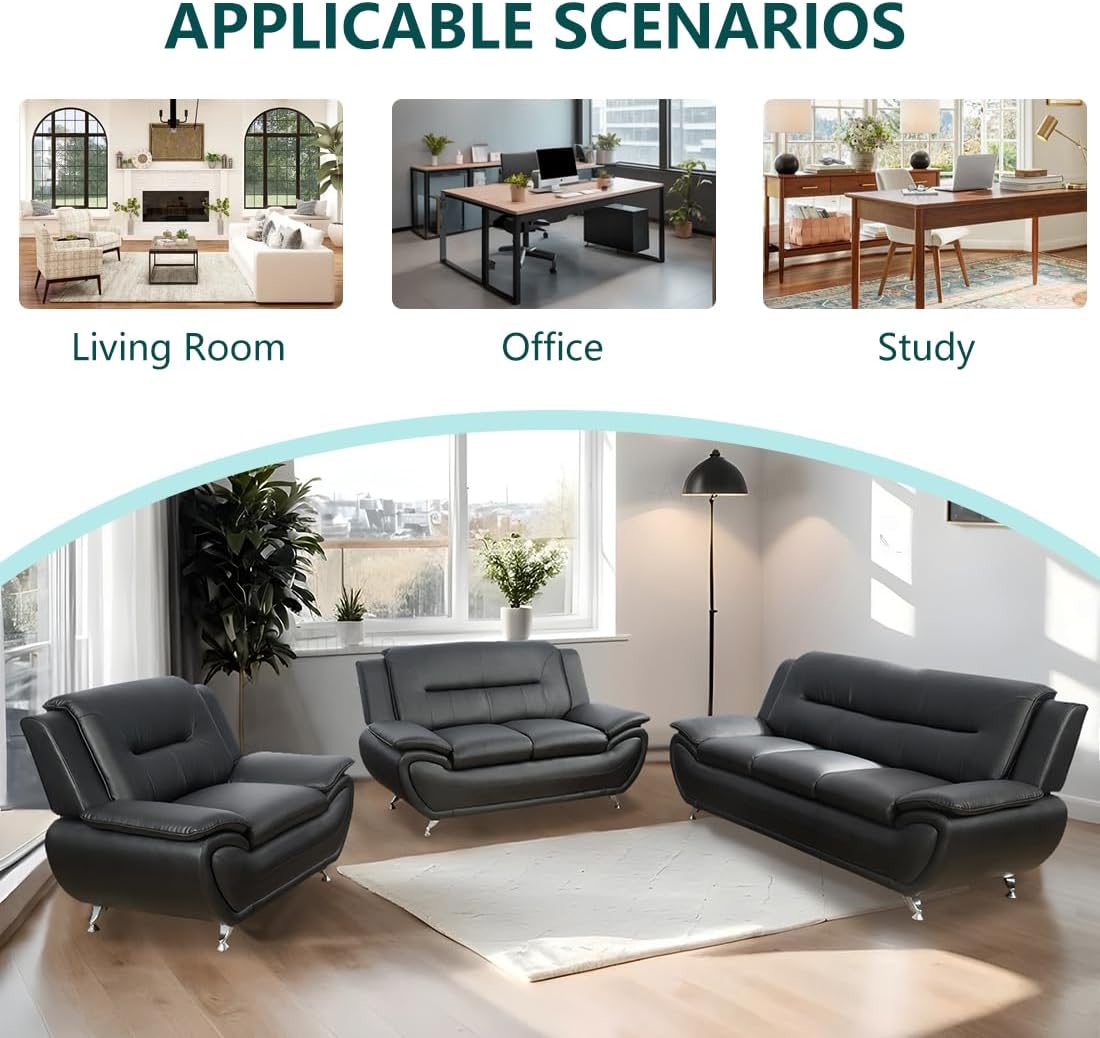 3 Piece Living Room Furniture Set, Contemporary Sectional Sofa Couches, Black Leather Sofa Set with Metal Feet, Faux Leather Modern Couch & 2 Chairs for Living Room/Office/Club, 3+1+1, Black#2