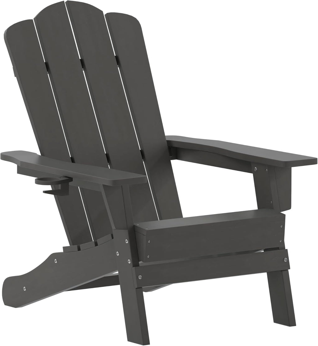 Flash Furniture Newport Adirondack Chair with Cup Holder, Weather Resistant Poly Resin Adirondack Chair, Gray