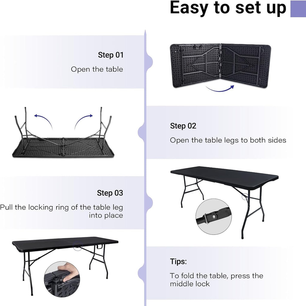 Byliable Folding Table 6ft Portable Heavy Duty Plastic Fold-in-Half 6 Foot Foldable Table Utility Dining Indoor Outdoor for Camping Picnic and Party, Black