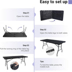 Byliable Folding Table 6ft Portable Heavy Duty Plastic Fold-in-Half 6 Foot Foldable Table Utility Dining Indoor Outdoor for Camping Picnic and Party, Black