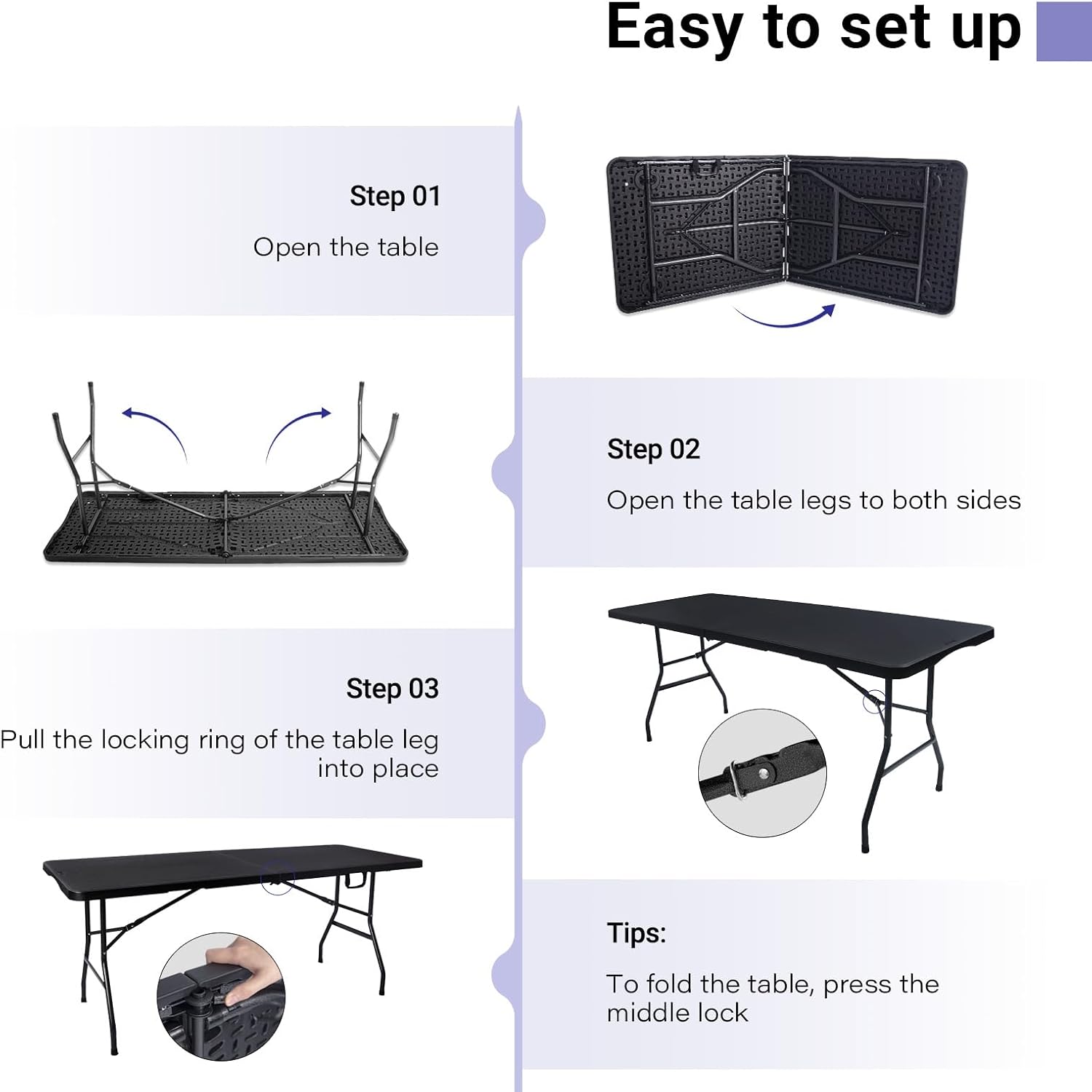 Byliable Folding Table 6ft Portable Heavy Duty Plastic Fold-in-Half 6 Foot Foldable Table Utility Dining Indoor Outdoor for Camping Picnic and Party, Black